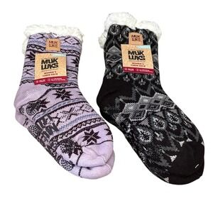 MUK LUKS Womens SZ S/M Grippy Sherpa Cozy Cabin Fairisle Tall Slipper Socks NEW